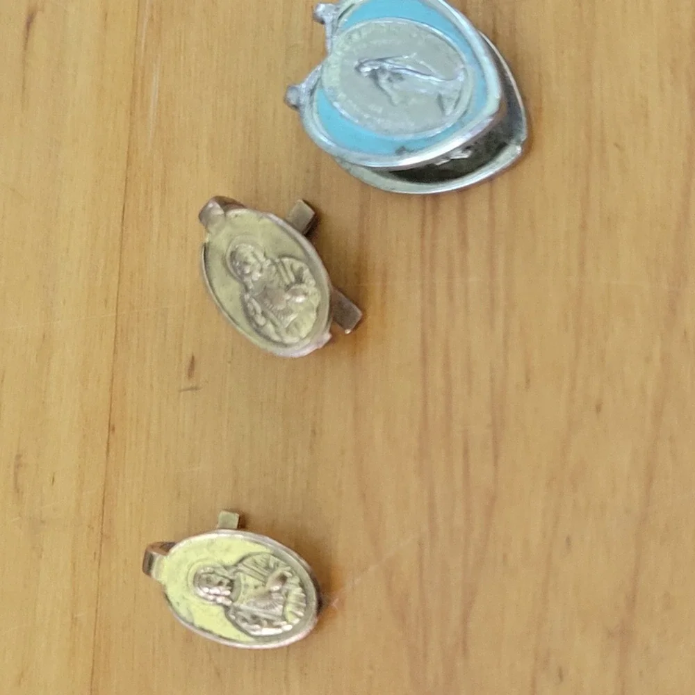 Vintage Religious Medal Charm Pin Lot Cross Saint Heart Pendant 3 Pcs